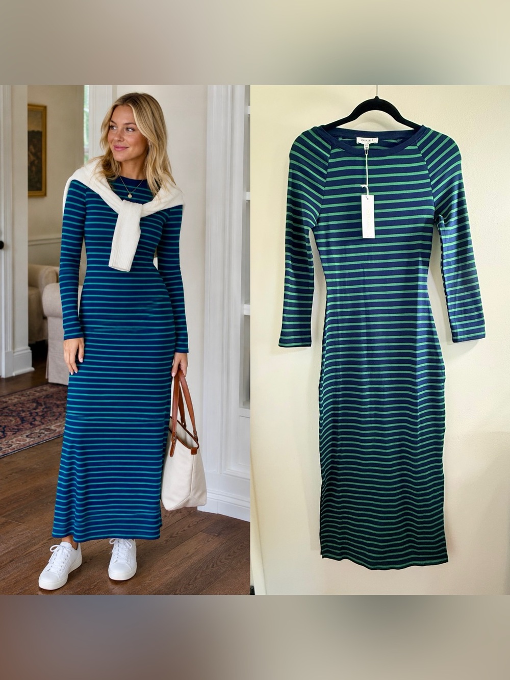 Gilli Teal & Navy Striped Long-Sleeve Maxi Dress